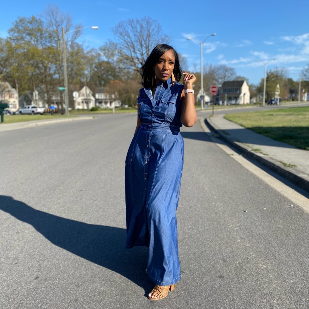 A-line, sleeveless, collard, denim maxi dress with pockets